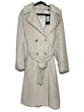NWT $650 MARCIANO DESIGNER GUESS CLAIRE LONG FAUX FUR WOMENS COAT MEDIUM IVORY